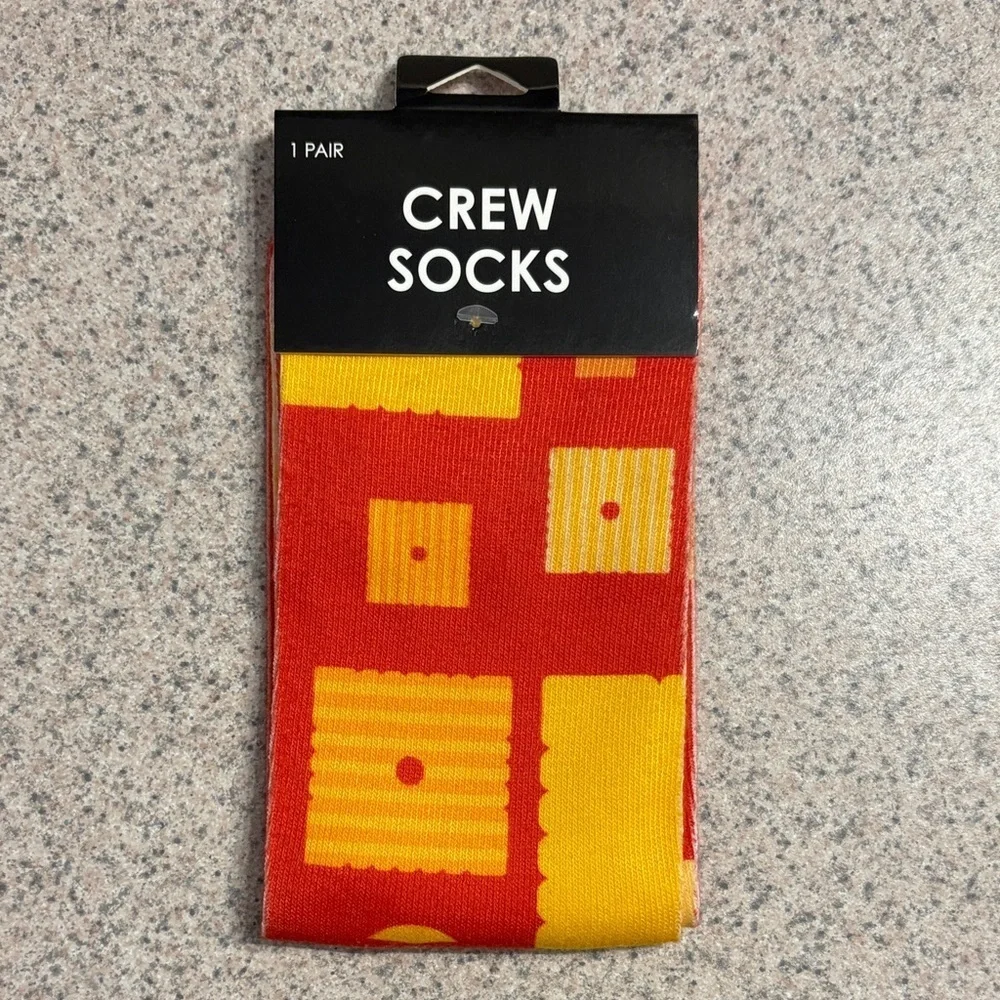 “Cheez It” Bold Red and Yellow Patterned Crew Socks